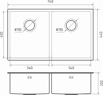 Детальное фото товара: Rivelato RINOX 7444 UN INOX, мойка, нержавеющая сталь