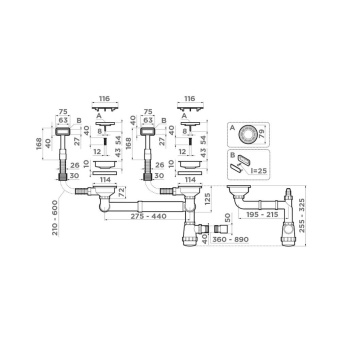 Детальное фото товара: Omoikiri WK-2C-LG Арматура для двухчашевых моек с прямоугольными переливами, светлое золото