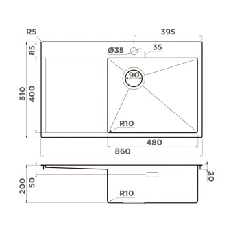 Детальное фото товара: Omoikiri Akisame 86-GB-R Side , мойка, нержавеющая сталь/графит, чаша справа